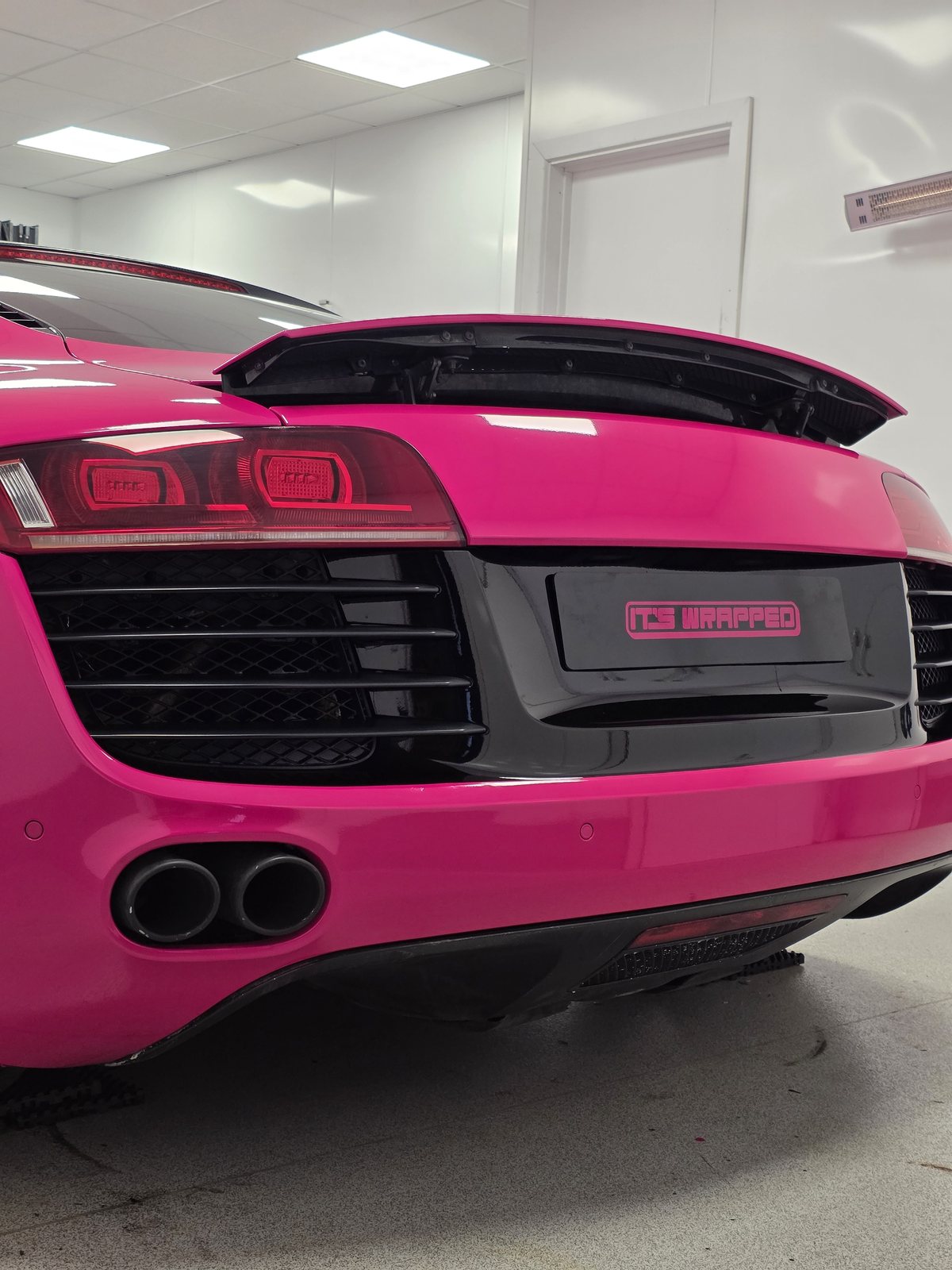 Audi R8 wrapped pink Cardiff rear