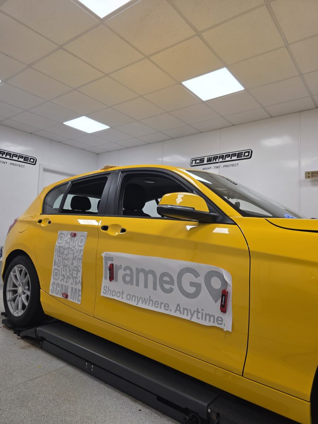 FrameGo yellow BMW with QR code and logo door graphics Cardiff